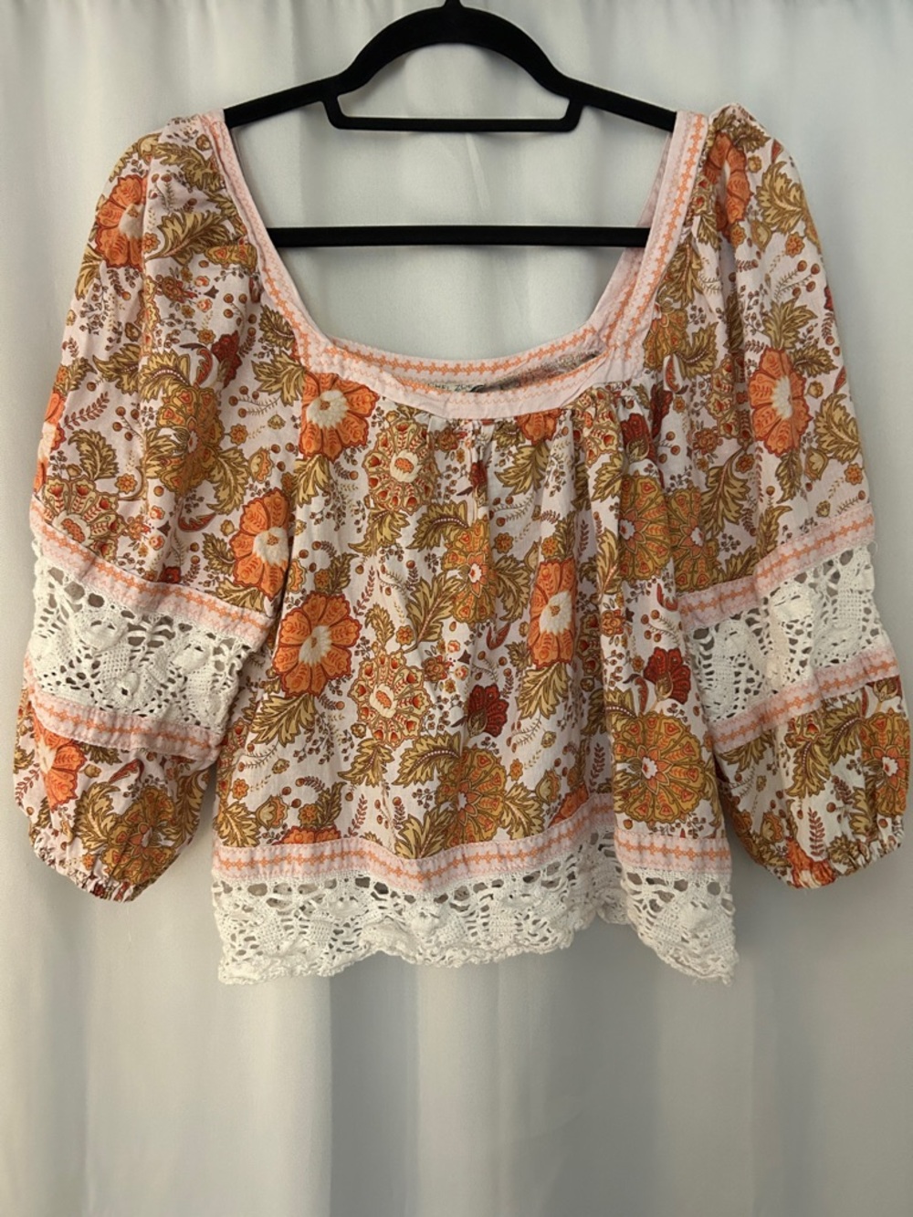 Rachel Zoe Square Neck Boho Lace Crochet Linen Crop Top Floral Gold Orange Small